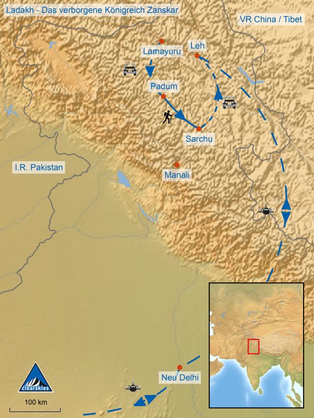 Übersichtskarte der Trekkingreise Ladakh-Zanskar