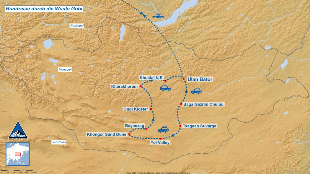 Karte der Rundreise durch die Wüste Gobi