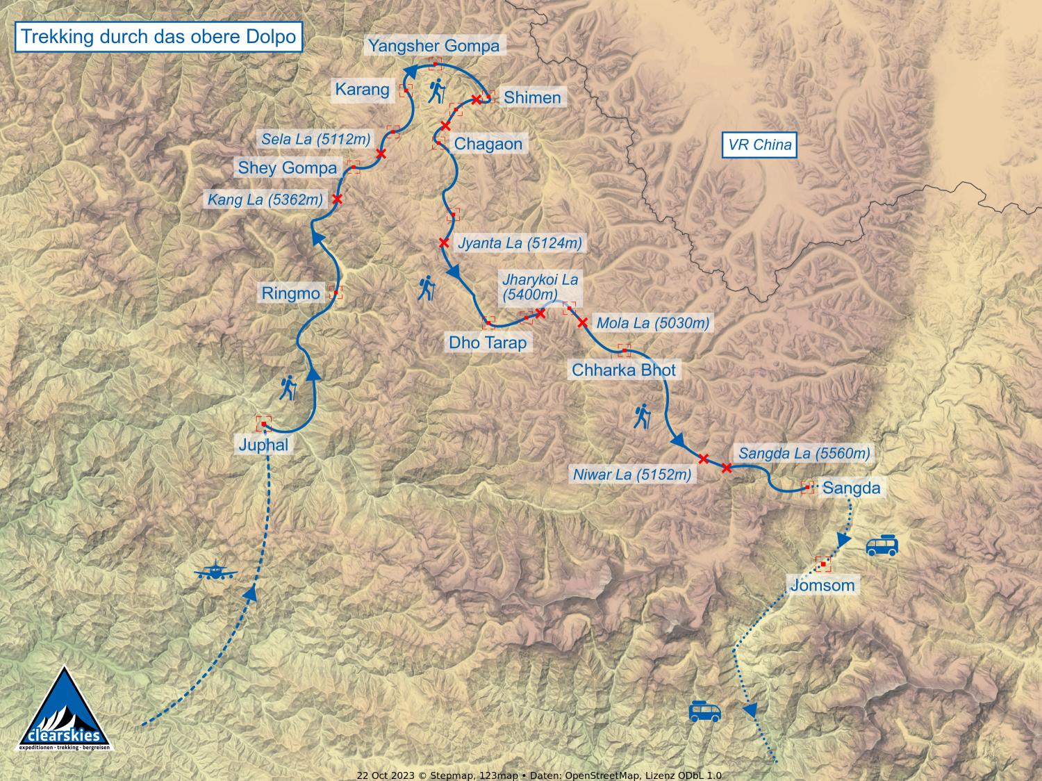 Detailkarte des Trekking im oberen Dolpo