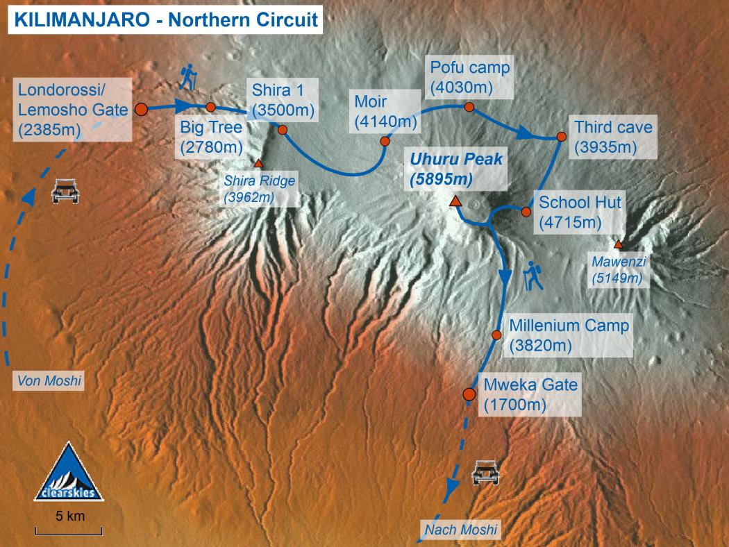 Karte Besteigung Northern Circuit Kilimanjaro